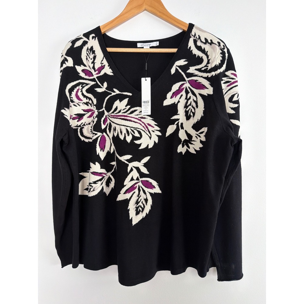 NWT Chico's Pullover Sweater XL Black Medallion V-Neck Floral Intarsia